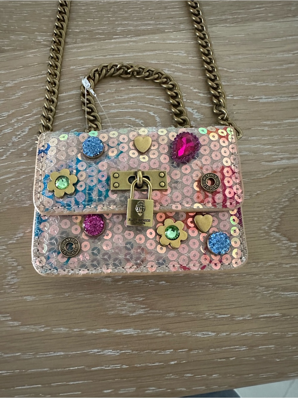 Kurt Geiger Pink Sequin Mini Bag with Gold Chain and Gem Accents